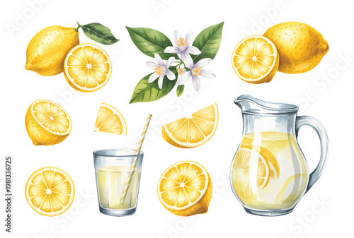 Lemon citrus composition with flowers slices glass and pitcher illustration isolated.