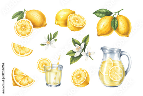 Lemon citrus composition with flowers slices glass and pitcher illustration isolated.