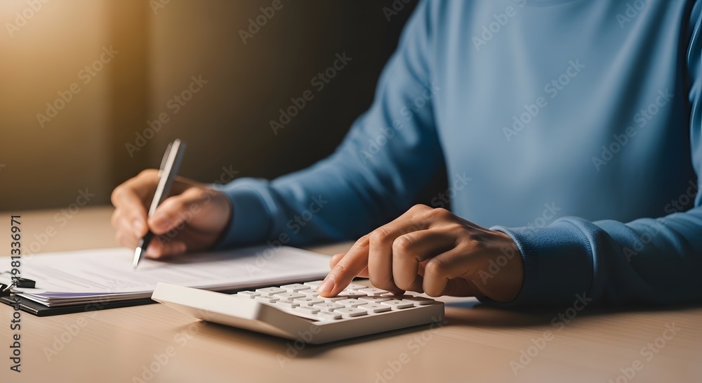 Fototapeta premium Focused person calculating finances with calculator and paper documents