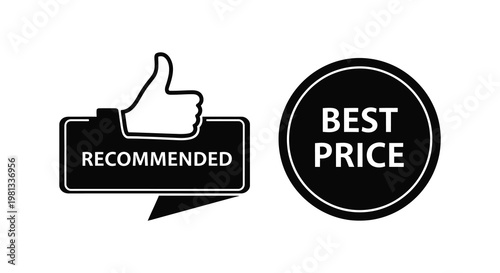Recommended price badge with a thumbs up gesture black silhouette