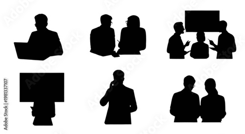Various silhouettes of people engaging in professional and collaborative activities isolated on transparent background, Vector