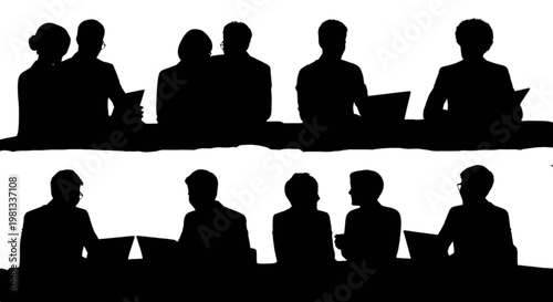 Silhouettes of people seated at two separate tables in a meeting or dining setting isolated on transparent background, Vector