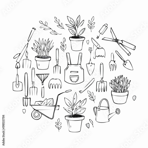 Gardening Tools and Plants Doodle Art Collection.