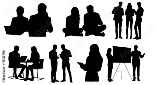 Diverse group of people engaging in various social and professional activities isolated on transparent background, Vector