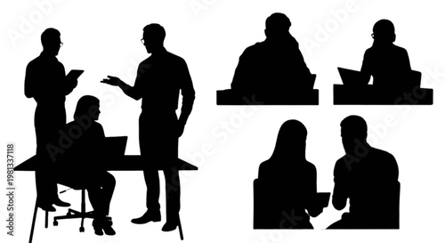 Silhouettes of people in a collaborative meeting and casual conversation isolated on transparent background, Vector