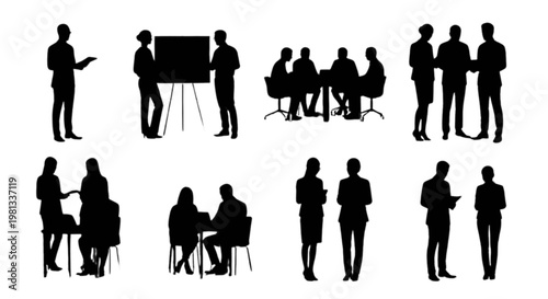 Diverse group of professionals presenting and collaborating in a conference setting isolated on transparent background, Vector
