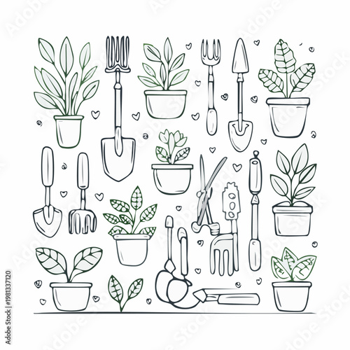 Gardening Tools and Potted Plants Hand Drawn Illustration.
