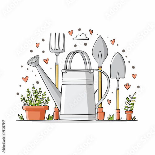 Gardening tools watering can and plants illustration.