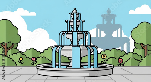 Ornate Tiered Fountain in a Park Setting.