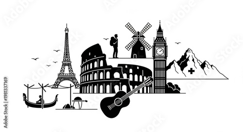 European Landmarks and Cultural Icons Silhouette Collection.