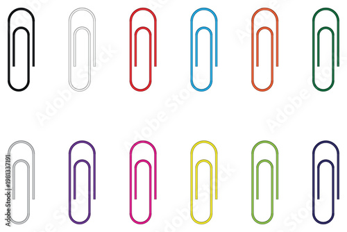 A colorful collection of paperclips arranged in two rows on a white background, Realistic paper clip set isolated on white for school supplies