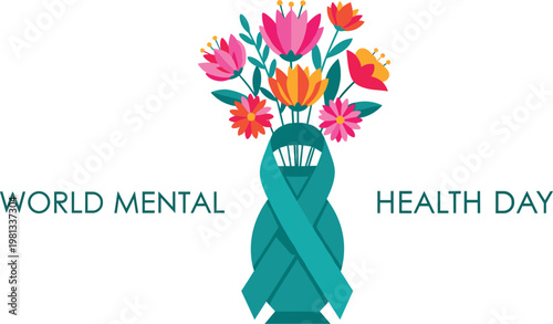 World mental health day awareness concept with colorful flowers in a teal ribbon shaped vase flat vector design