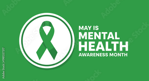 May is mental health awareness month banner with green ribbon symbol in a circle on green background flat vector
