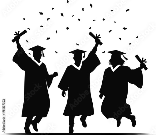 Group of excited graduates jumping with diplomas and confetti in the air celebrating academic success vector art
