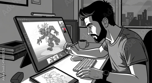 Artist drawing digital illustration on computer screen at desk.