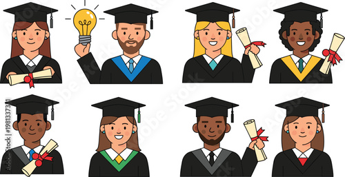 Set of diverse graduate students in caps and gowns holding diplomas and lightbulb icon flat vector illustration