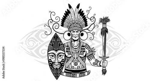 Tribal Warrior Chief Holding Shield and Scepter Illustration.