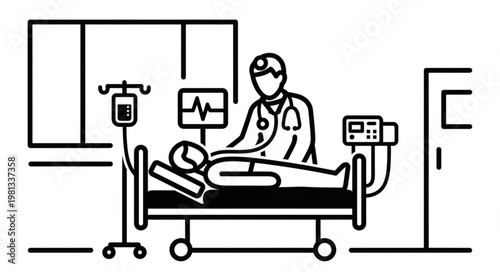 Doctor examining patient in hospital bed with medical equipment.