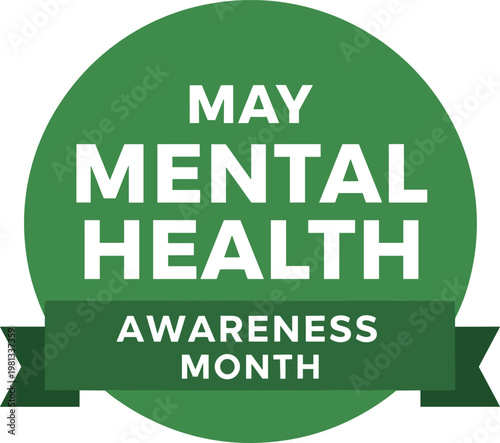 May mental health awareness month badge design with green circular background and bold white typography elements.