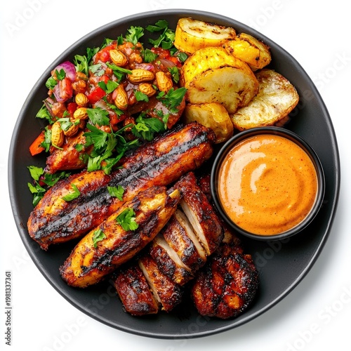 Vibrant Indian vegetarian and grilled meat platter served with spicy sauce potatoes and fresh vegetable salad on black round plate for flavorful dining experience