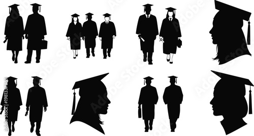 Collection of graduation silhouettes featuring students in caps and gowns walking and posing for academic success.