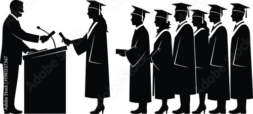 Graduation ceremony scene with a professor handing a diploma to a student in a line of graduates in silhouettes