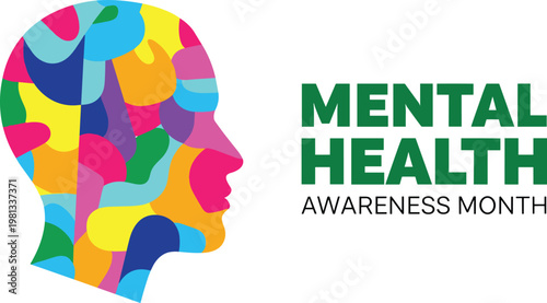 Mental health awareness month concept with a colorful human head silhouette and bold typography on white background