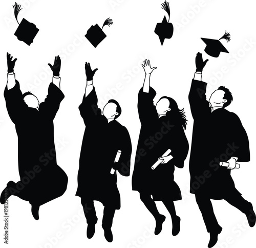 Group of joyful graduates in silhouette throwing caps in the air to celebrate academic success and achievement.