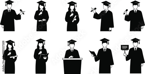 Collection of graduation silhouettes featuring students in academic robes and caps holding diplomas and microphones