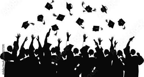 Group of happy graduates throwing their mortarboard caps in the air to celebrate academic success and graduation