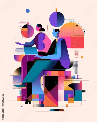 Abstract geometric illustration of two people collaborating at a laptop with colorful shapes