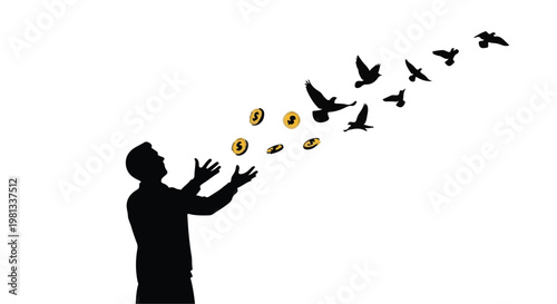 man releasing birds and coins into the air