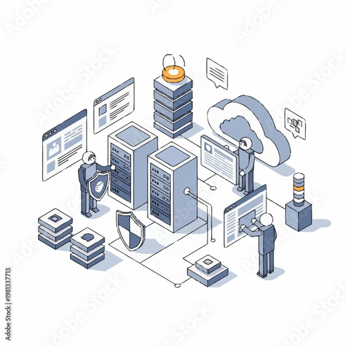 Isometric Network Security and Data Center Illustration.
