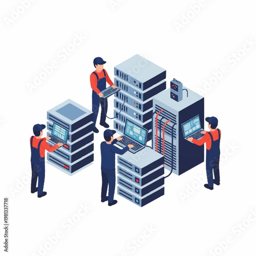 IT professionals working on server racks in a data center.