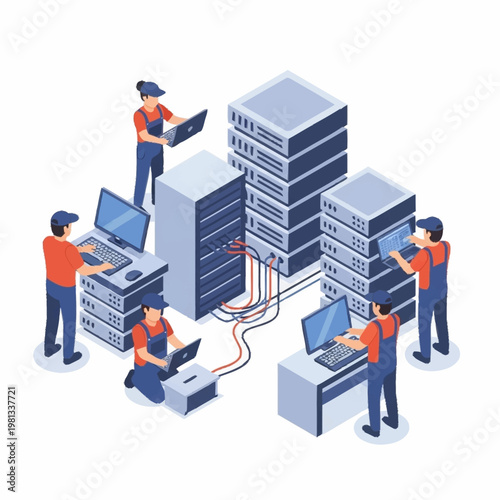 IT professionals working on server racks and computers in a data center isometric illustration.