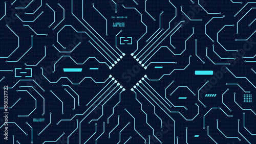 Minimal dark PCB background vector with a centered diamond microchip and clean geometric traces, perfect for modern technology presentations, fintech dashboards, and UI hero banners.