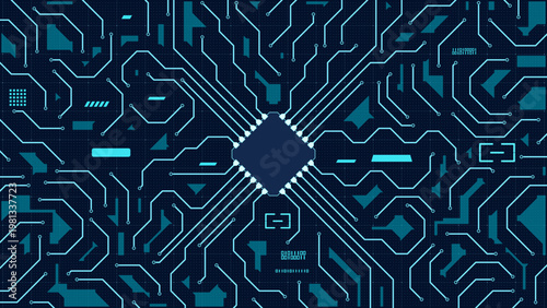 Dark blue circuit board background vector with central diamond chip and dense PCB traces, ideal for cybersecurity, semiconductor, data network, and high tech branding layouts.