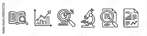 Set of Hand-Drawn Data Analysis and Research Icons in Doodle Style, Including Magnifying Glass, Charts, Microscope, Book, and Report Documents for Business Statistics and Marketing