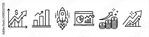 Business Growth and Financial Success Icon Set. Linear Vector Icons for Data Analysis, Startup Launch, Profit Increase, and Market Performance Trends.