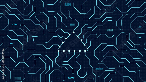 Triangular chip circuit background vector with structured PCB pathways and technical grid style, built for semiconductor marketing, robotics content, and futuristic technology branding.