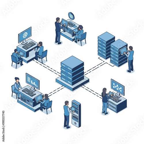 Modern technology network system with people working.