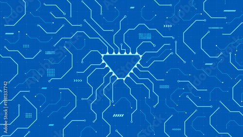 Bright blue circuit technology background vector with inverted triangle core and glowing PCB lines, suitable for quantum computing, startup branding, and next generation digital products.