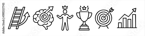 Set of Business Success and Personal Growth Line Icons - Achievement, Leadership, Goal Setting, and Career Progress Symbols