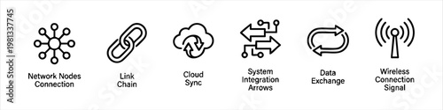 Network and Data Connectivity Icon Set featuring Cloud Sync, Wireless Signal, and System Integration Symbols