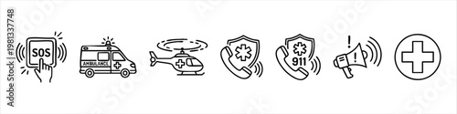 Vector set of emergency medical service and rescue icons. Black line art illustrations of SOS button, ambulance, medical helicopter, 911 call, megaphone, and first aid symbol.