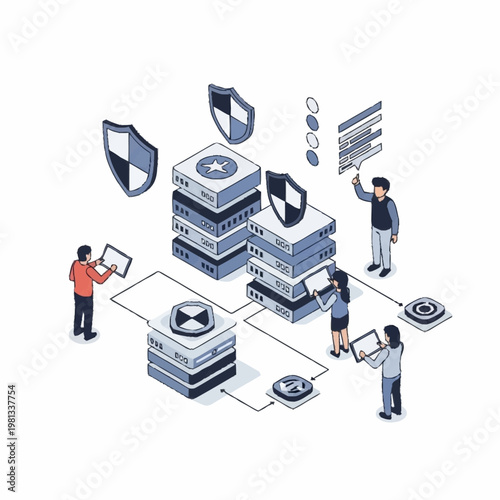 Cybersecurity team working on data protection servers and shields.