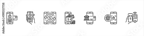 Set of mobile banking and digital payment line icons featuring smartphone apps for secure transactions, online wallet, contactless payments, bank transfers, and biometric authentication.