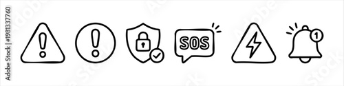 Set of Hand Drawn Safety and Warning Icons: Alert, SOS, Security Protection, and Hazard Symbols in Doodle Style