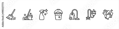 Cleaning Service Icon Set - Vector Linear Symbols for Housekeeping, Sanitation, and Domestic Chores featuring Mop, Broom, Vacuum, and Spray Bottle