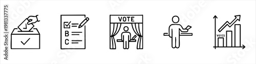 Set of election and voting line icons featuring ballot box, ballot paper with checkmark, voting booth, voter, and statistical results graph.